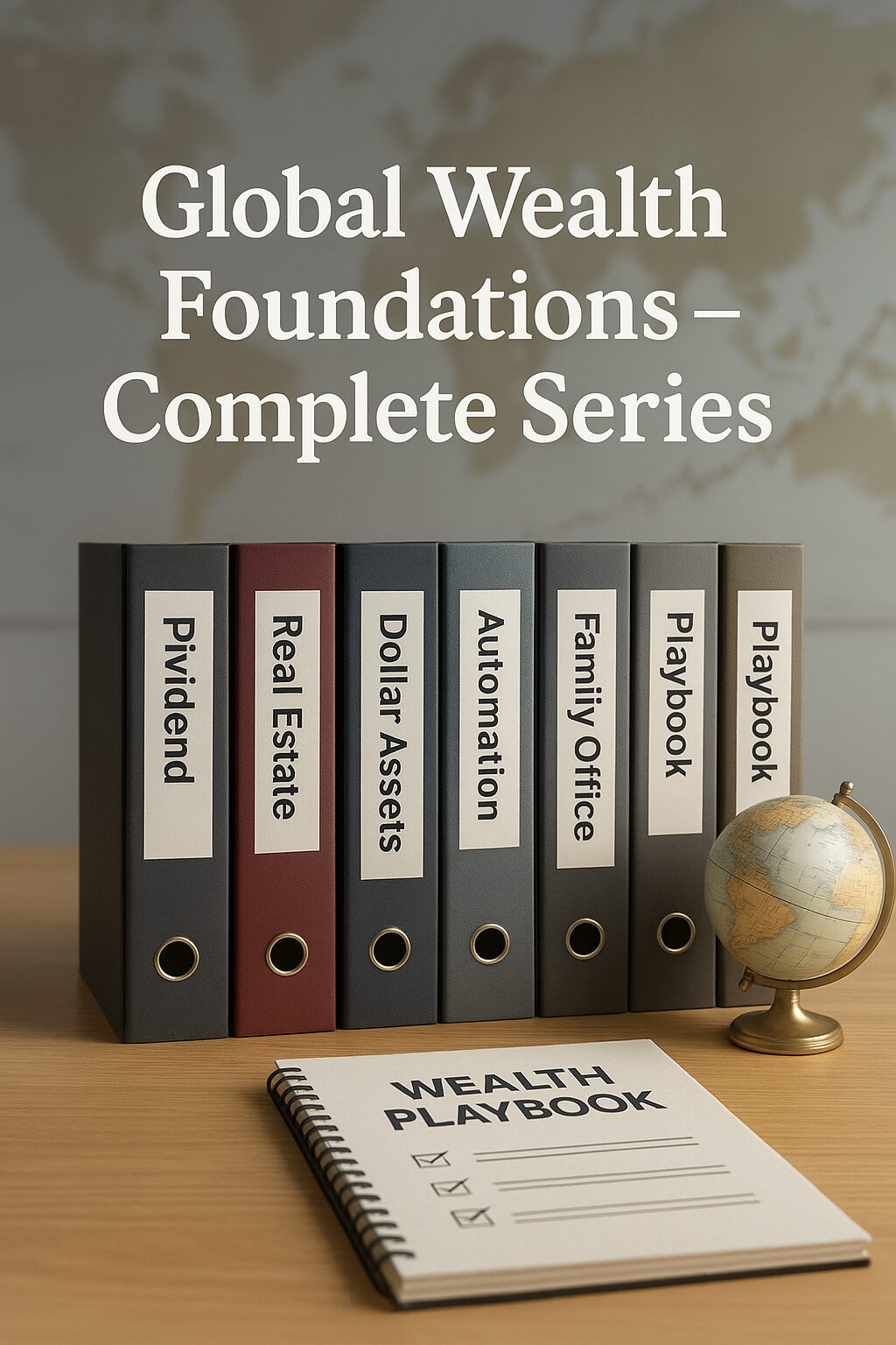 A realistic photo of binders labeled with wealth strategies (dividends, real estate, dollar assets, automation, family office, playbook) with a globe and charts symbolizing global wealth systems