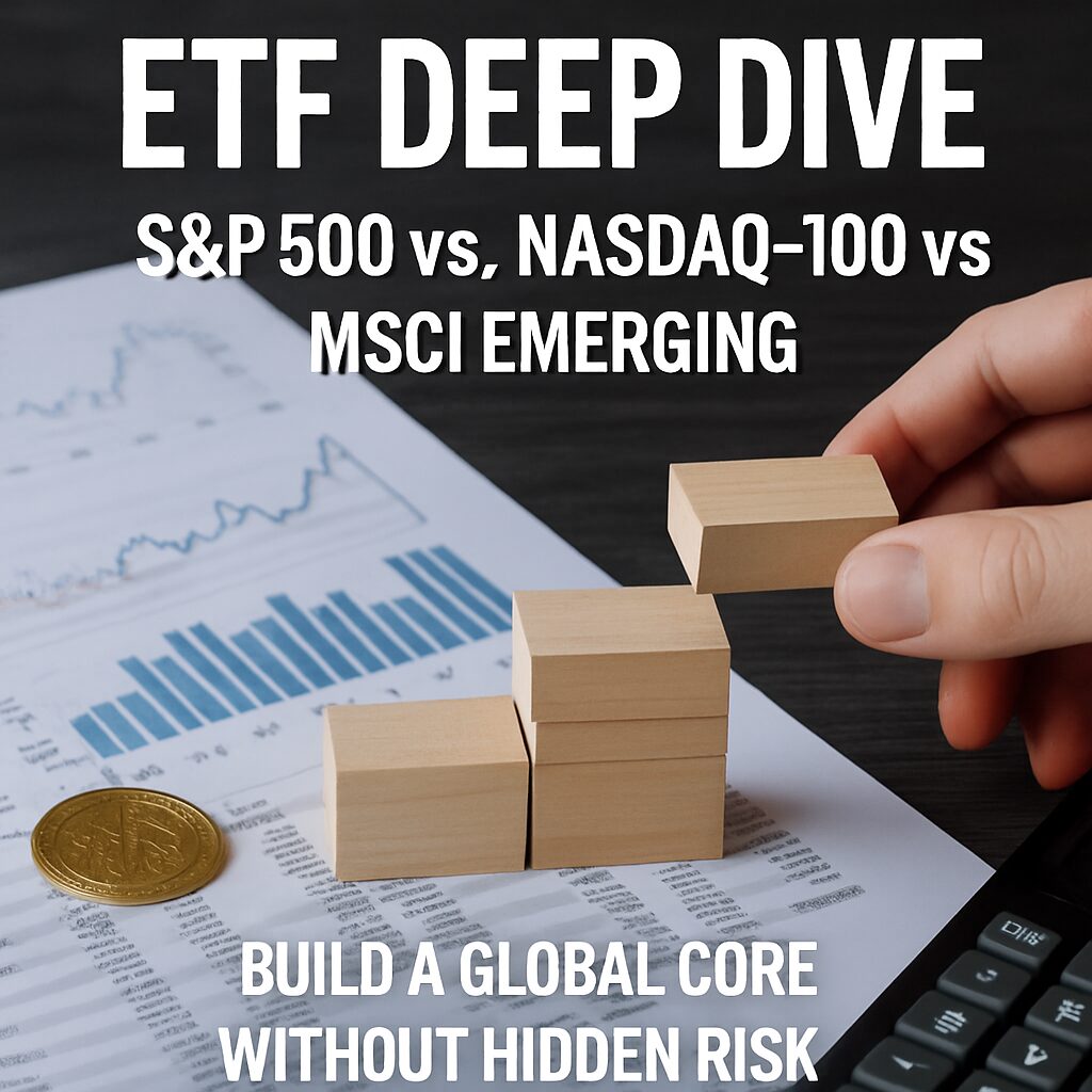 Investor assembling a three-ETF global core with risk guardrails and checklists