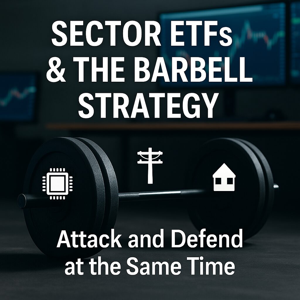 A real barbell with sector icons for technology, utilities, and housing overlaid, symbolizing balanced growth and defense in portfolio strategy