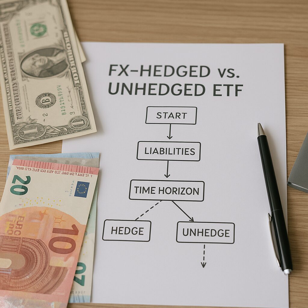 Real photo of U.S. dollars and Euro banknotes on a desk next to a printed decision tree comparing FX-hedged vs. unhedged ETFs