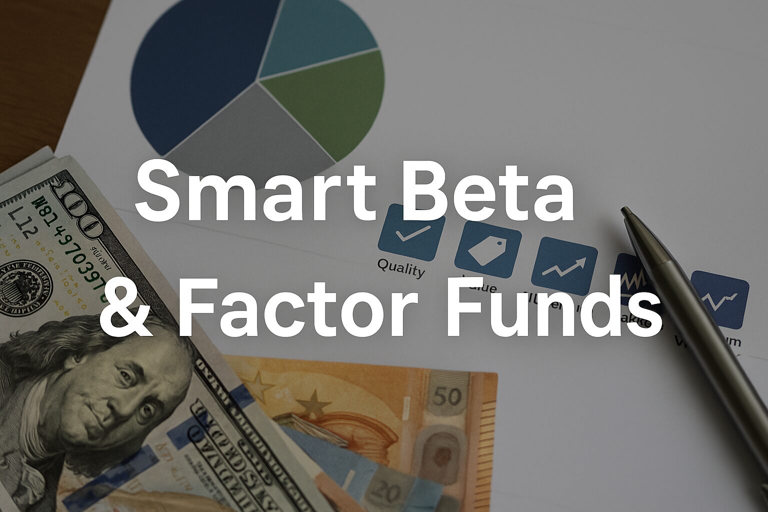 Real photo of USD and EUR banknotes on a desk with financial charts and icons labeled Quality, Value, Momentum, and Minimum Volatility