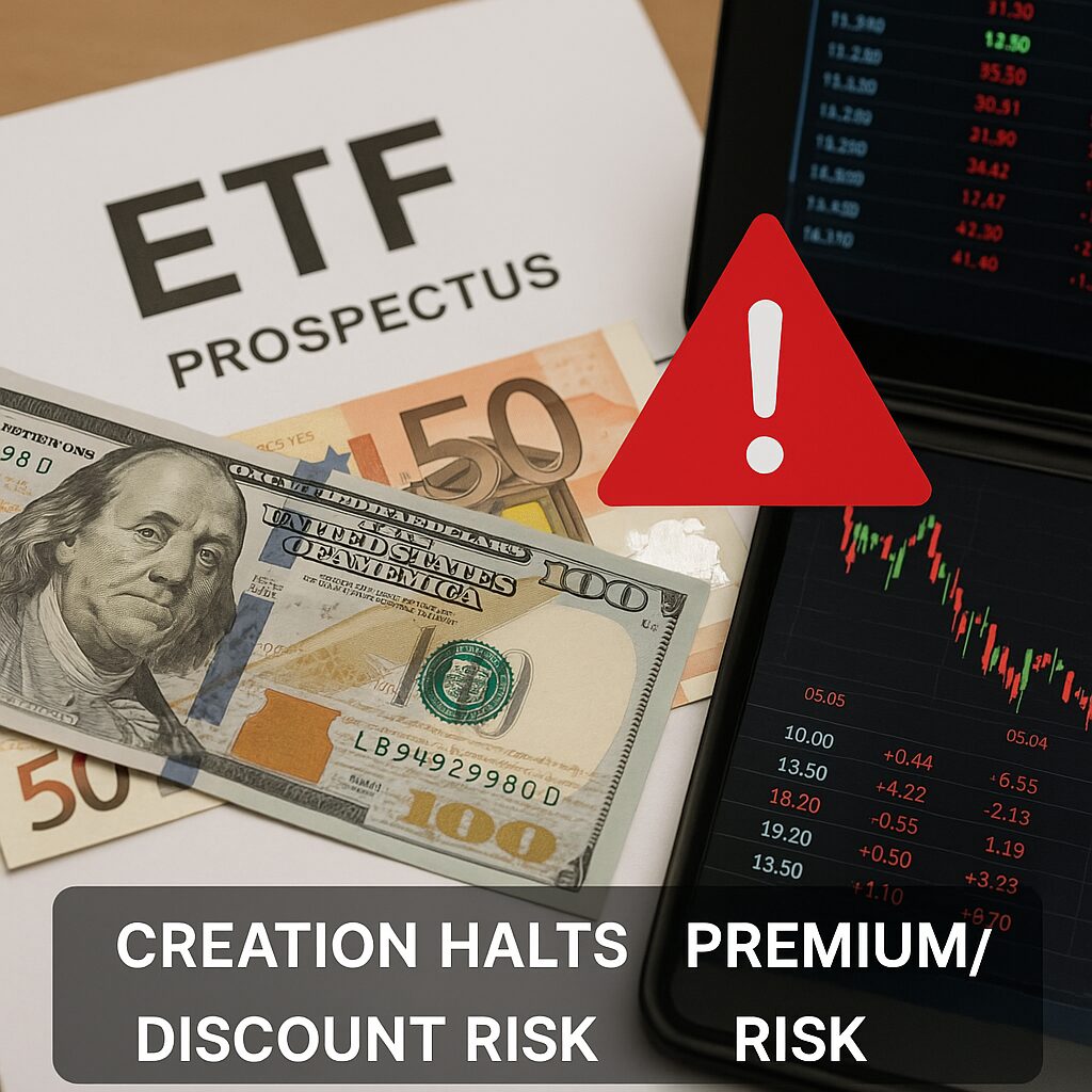 Real photo of USD and EUR notes on an ETF prospectus beside a trading screen with a red warning icon for creation halts and premium/discount risk