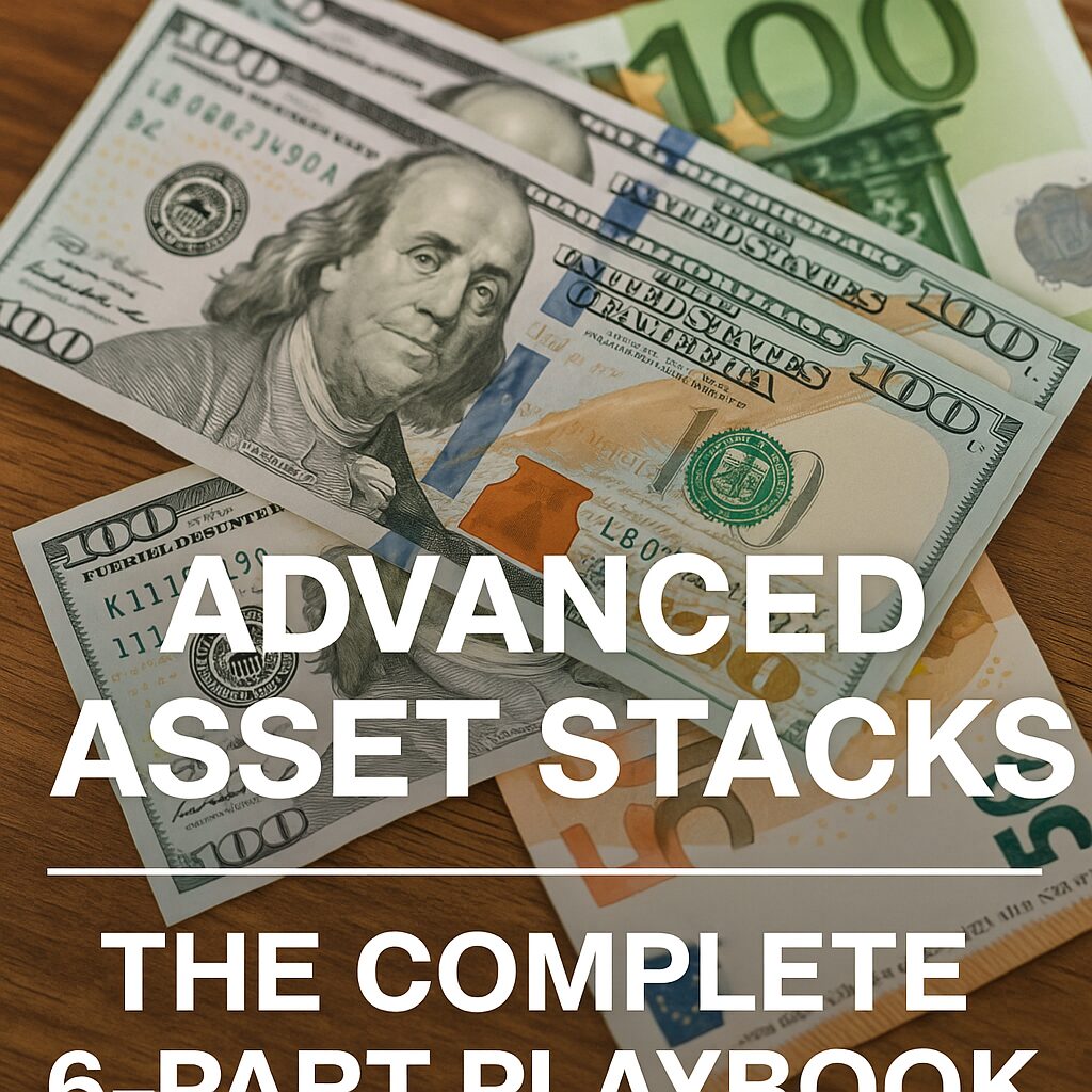 Real photo of USD and EUR banknotes on a desk with bold overlaid text “Advanced Asset Stacks — The Complete 6-Part Playbook”