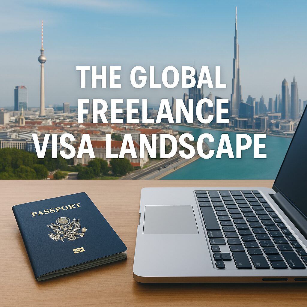 A real-world photo of a freelancer’s passport and laptop on a desk with global city skylines in the background, symbolizing digital nomad visas