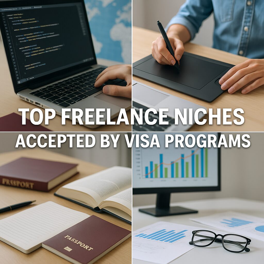 A real-world photo of a freelancer’s workspace with a laptop, design tablet, financial charts, and books, symbolizing freelance niches like IT, design, writing, finance, and education accepted by visa programs