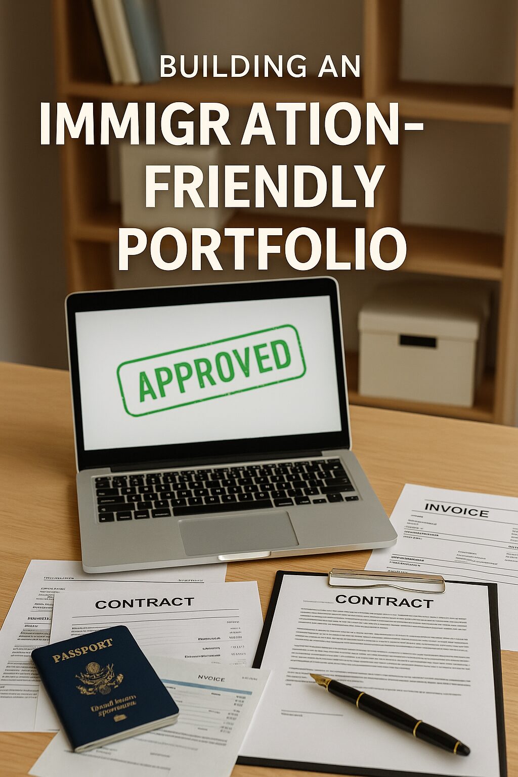 A real-world photo of organized contracts, invoices, and a passport on a desk with a laptop showing an “Approved” stamp, symbolizing an immigration-friendly freelance portfolio