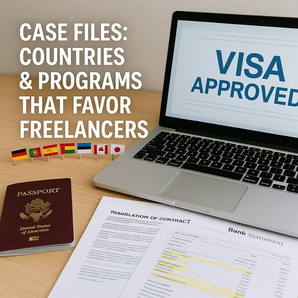 A real-world desk with a passport, translated contracts clipped together, a bank statement with highlights, and a laptop screen showing an “Approved” stamp, with small country flags suggesting Germany, Portugal, Spain, Estonia, UAE, Canada, Korea, and Japan