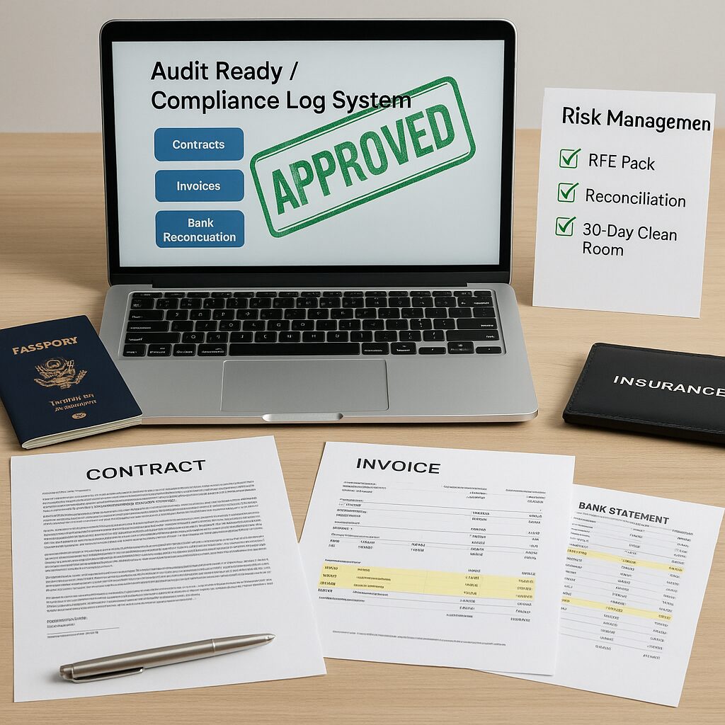 A professional desk with organized contracts, invoices, bank statements with highlights, and a laptop showing an “Audit Ready / Compliance Log System” dashboard and an “APPROVED” stamp, symbolizing audit-ready proof for visas, banks, and clients