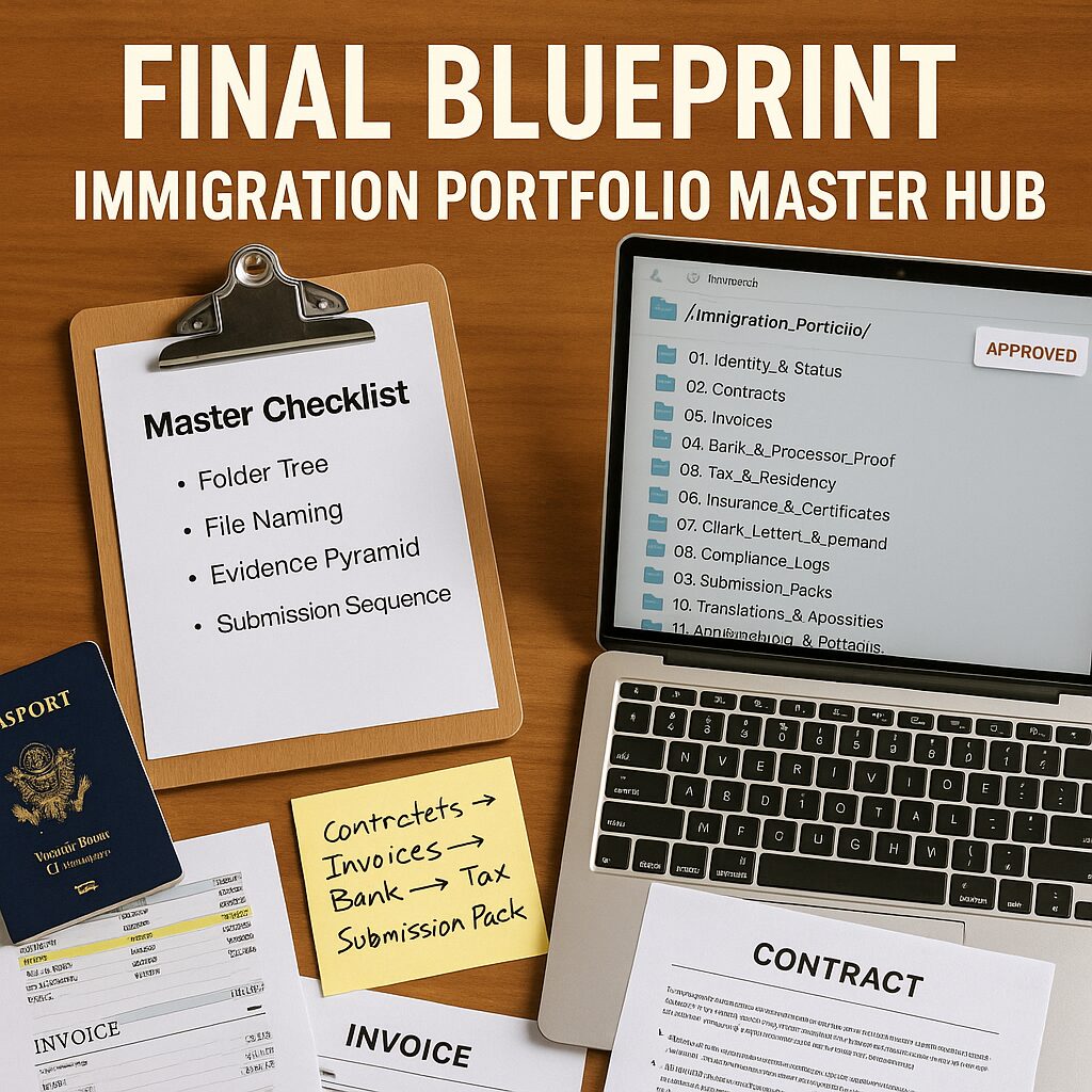 A professional desk with a printed “Master Checklist” on a clipboard, a laptop showing an immigration portfolio folder tree, a passport, highlighted bank statements, and invoices, symbolizing an audit-ready, visa-friendly submission pack