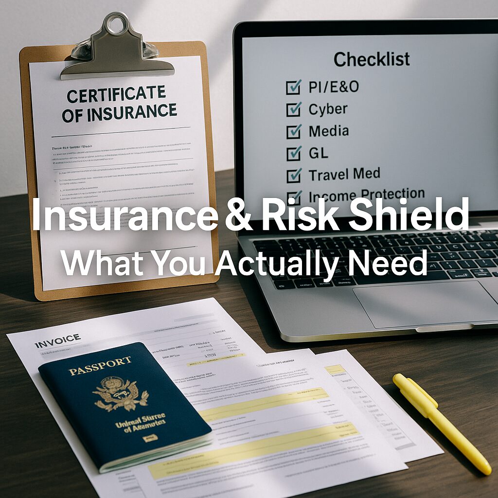 A professional desk with a Certificate of Insurance clipped on a board, a laptop showing an insurance checklist (PI/E&O, Cyber, Media, GL, Travel Medical, Income Protection), and highlighted invoices and a passport, symbolizing a minimum effective insurance stack for freelancers