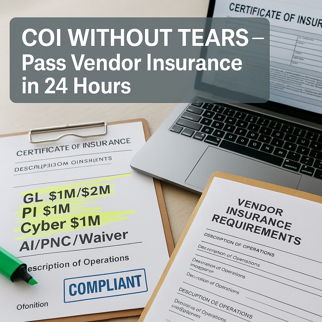 A professional desk with a laptop showing a Certificate of Insurance form, a highlighted vendor insurance requirement sheet listing GL $1M/$2M, PI $1M, Cyber $1M, and endorsements (Additional Insured, Primary & Non-Contributory, Waiver of Subrogation), symbolizing a fast COI workflow
