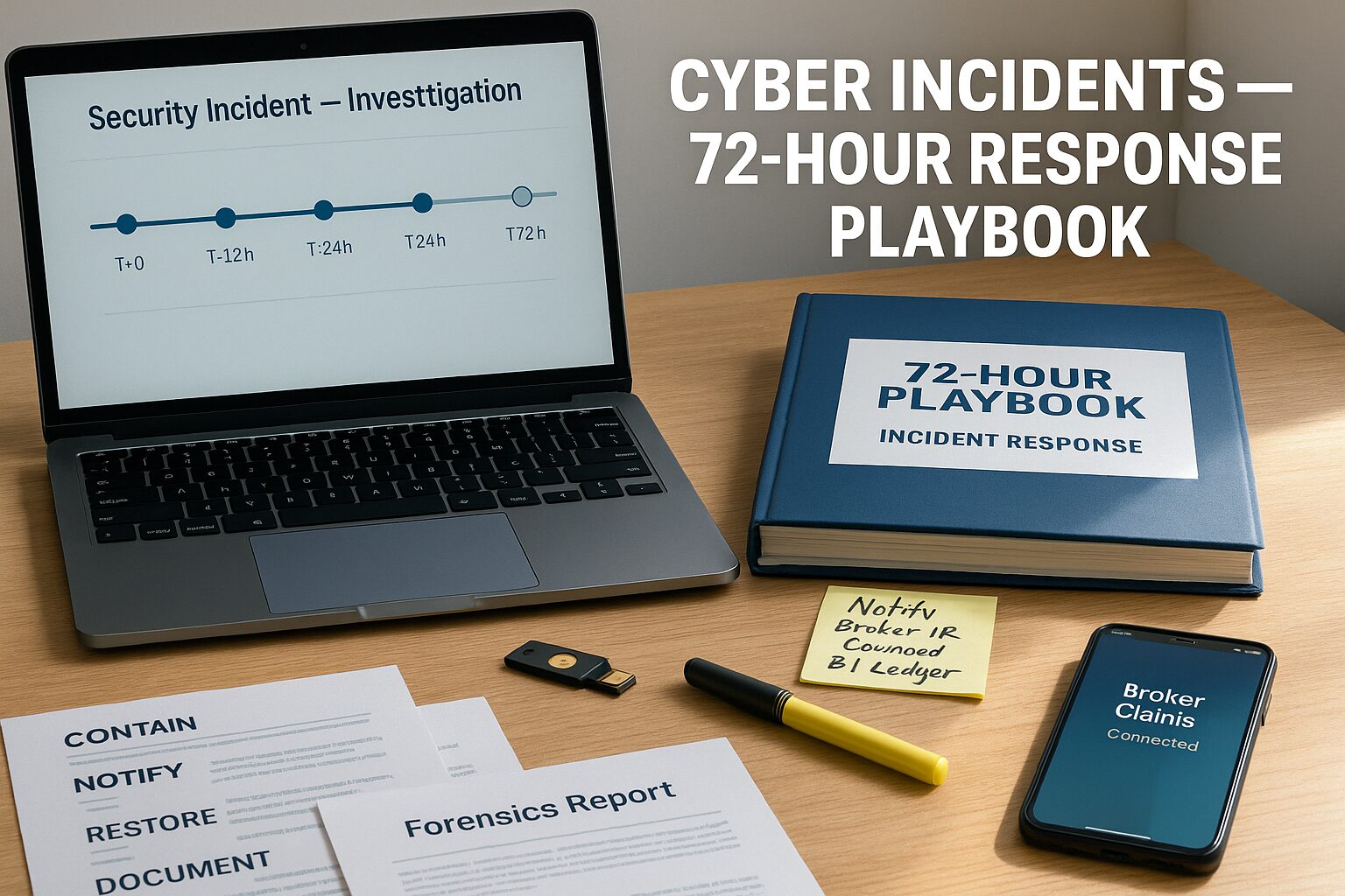 A professional desk with a laptop showing a “Security Incident — Investigation” timeline (T+0, T+12h, T+24h, T+72h), an Incident Response Binder labeled “72-Hour Playbook,” a FIDO security key, and a phone connected to a broker claims desk—symbolizing insurer-aligned cyber response