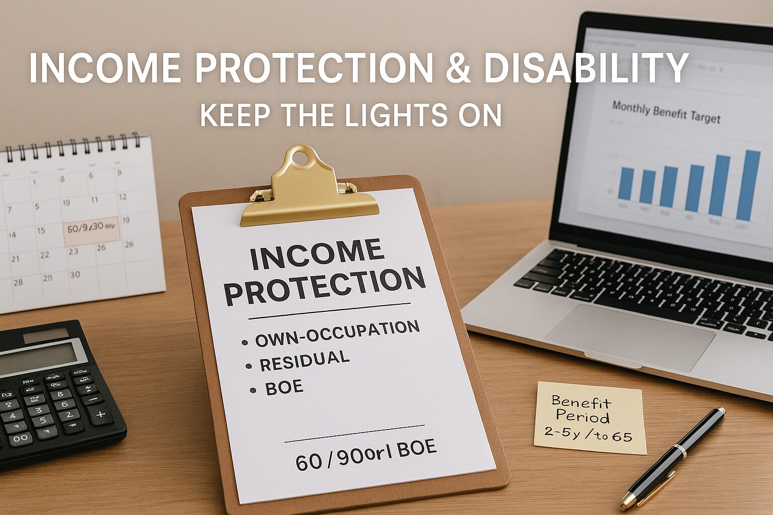 A professional desk with a clipboard titled “Income Protection — Own-Occupation | Residual | BOE,” a calendar highlighting 60/90-day waiting periods, a calculator, and a laptop showing a monthly cash-flow/benefit table—symbolizing a practical disability setup for solo operators