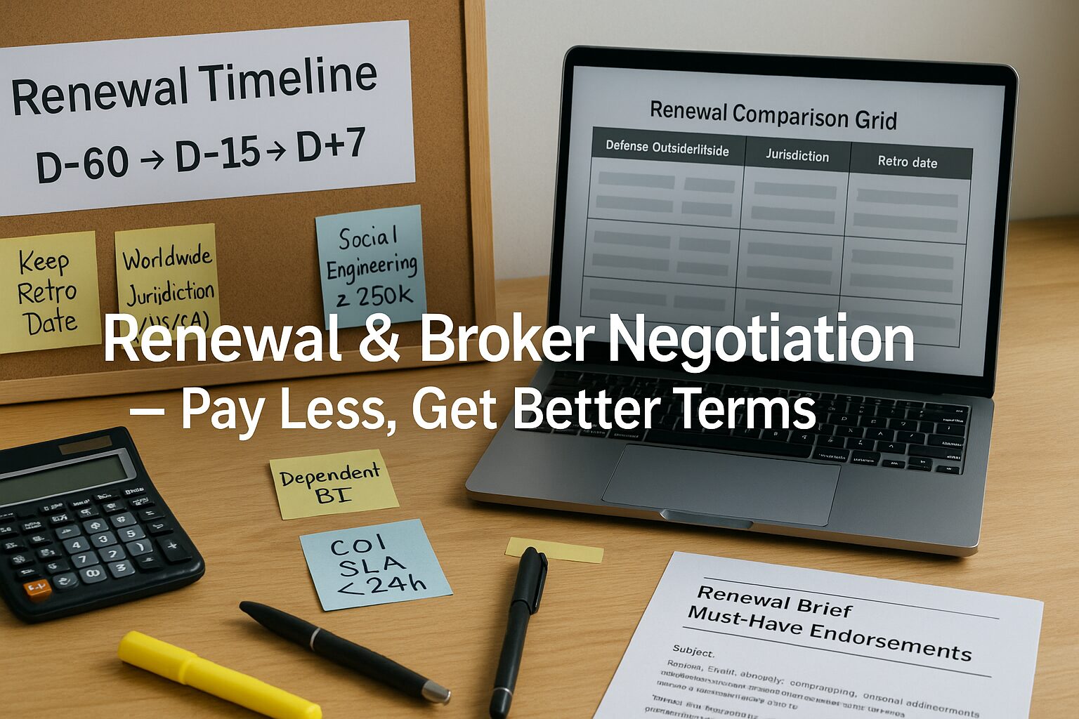 A professional desk showing a Renewal Timeline (D-60 to D+7), a laptop with a Renewal Comparison Grid (defense costs, jurisdiction, retro date, sub-limits), and an email titled “Renewal Brief — Must-Have Endorsements,” symbolizing smarter insurance renewals for freelancers