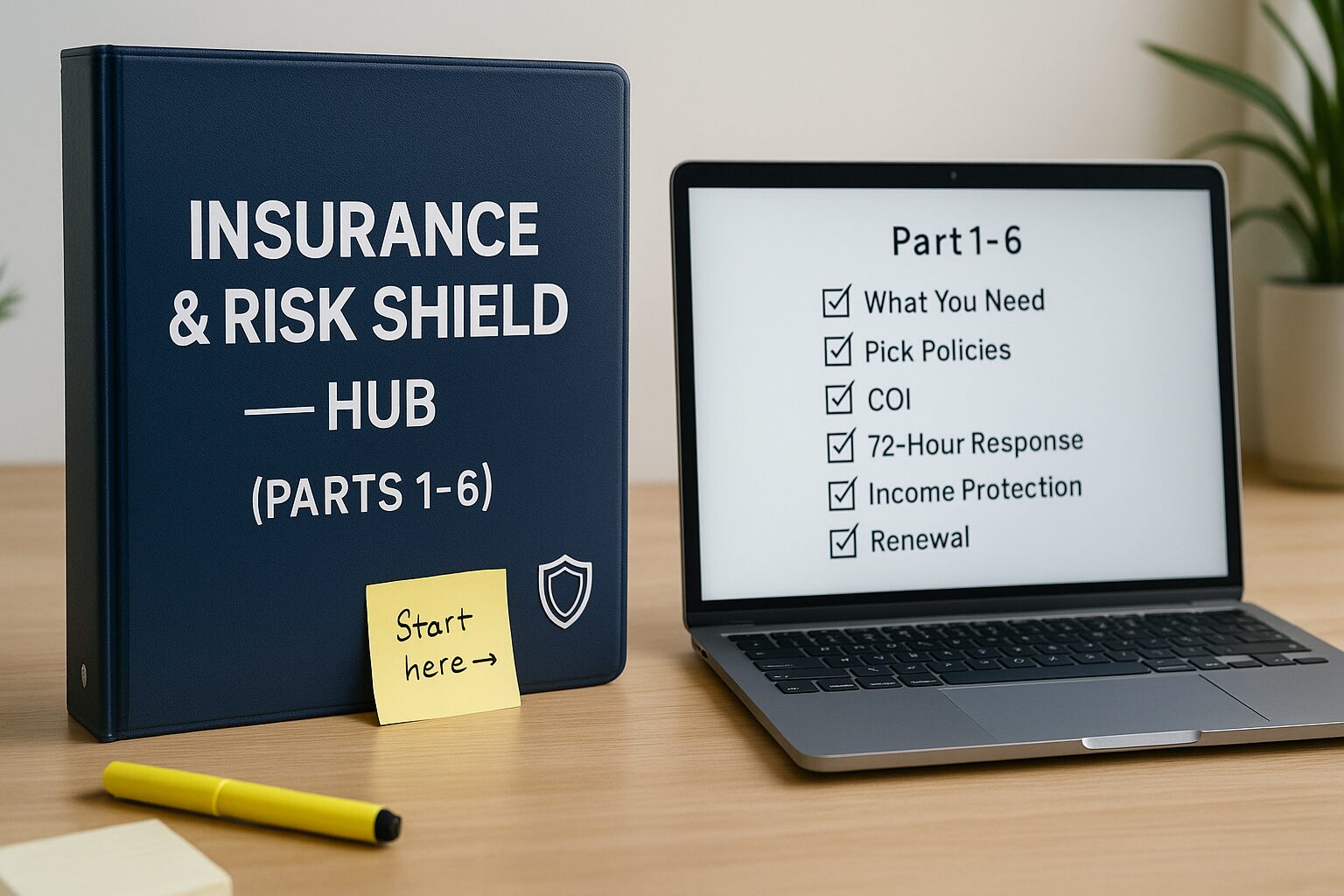 A professional desk with a binder labeled “Insurance & Risk Shield — Hub” and a laptop screen listing Parts 1–6 (What You Need, Policy Comparison, COI, 72-Hour Response, Income Protection, Renewal), symbolizing a central index of freelancer insurance guides