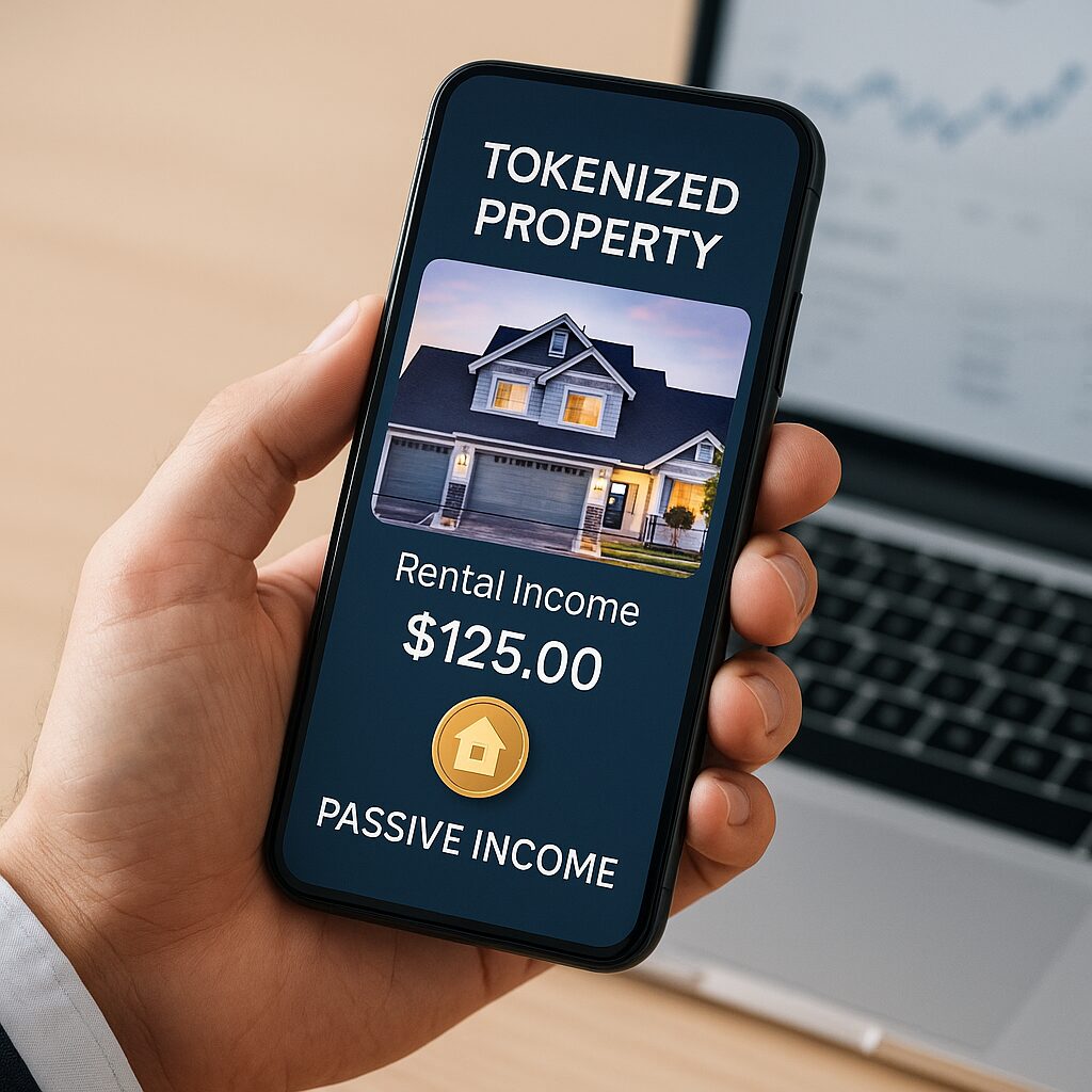 Investor holding smartphone displaying tokenized property dashboard