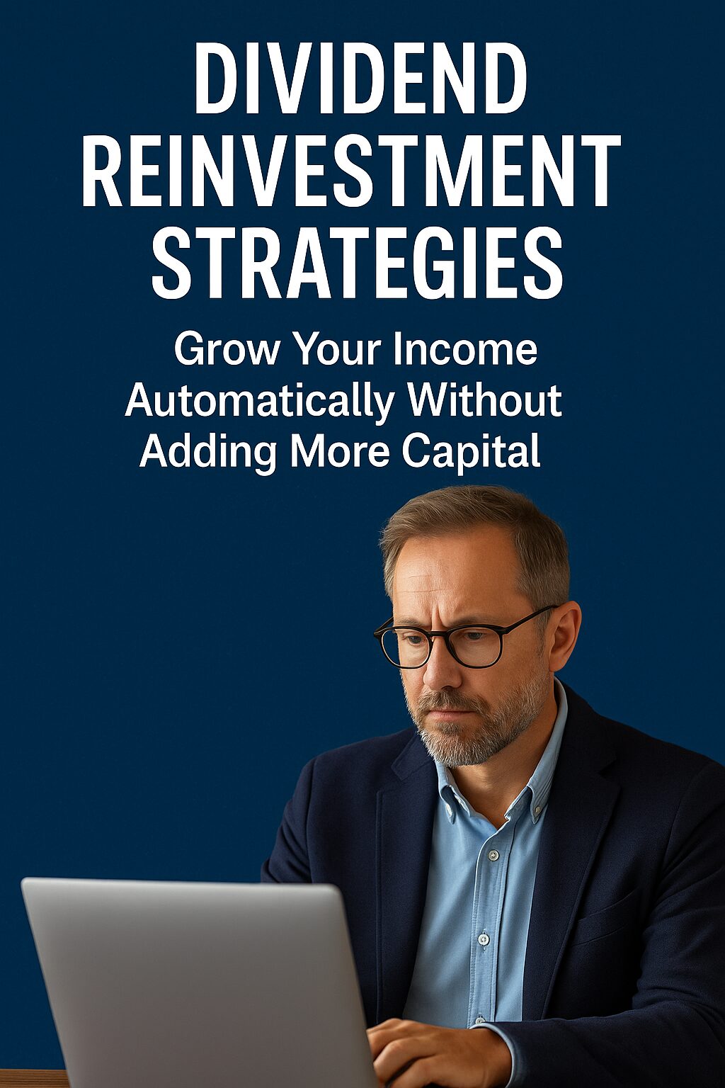 A digital image promoting dividend reinvestment strategies, featuring an investor with financial charts and the title "Grow Your Income Automatically Without Adding More Capital."