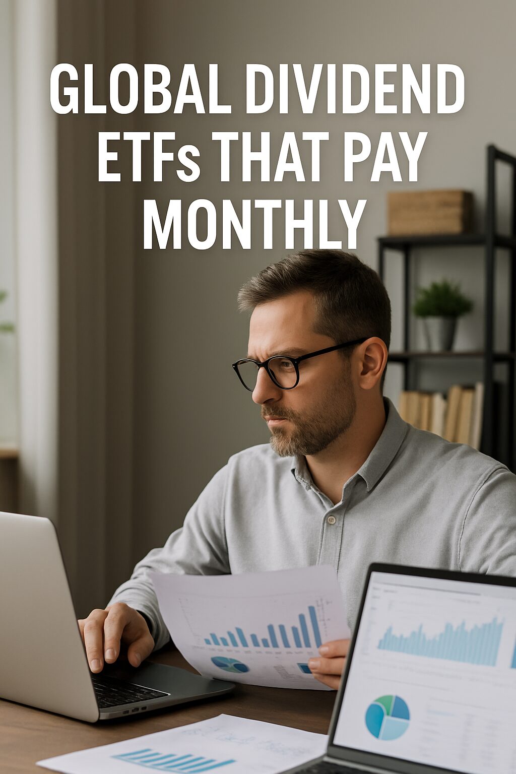 A confident investor reviewing global dividend ETFs on a laptop, representing monthly income strategy for digital nomads