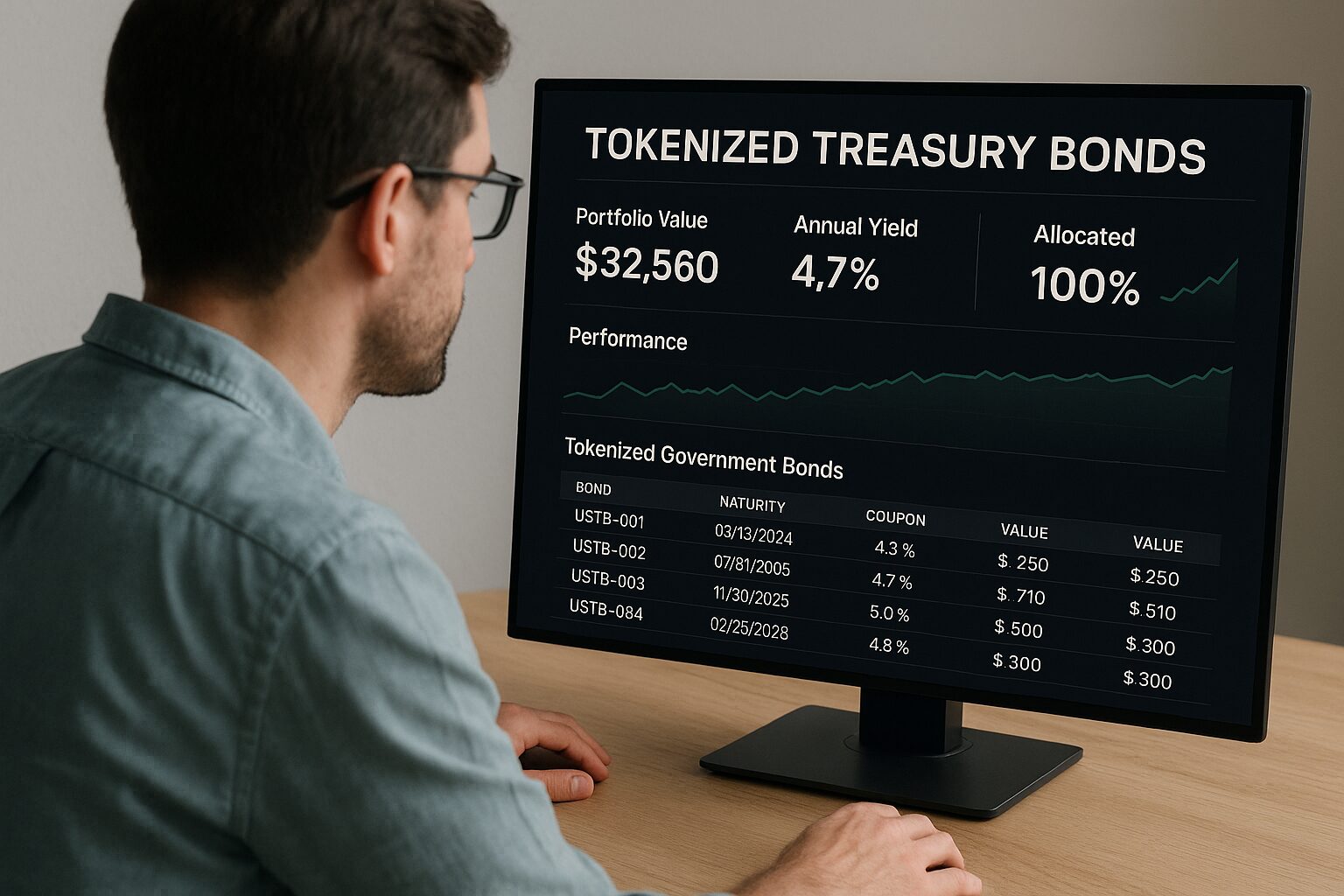 Investor reviewing tokenized government bond portfolio on digital dashboard