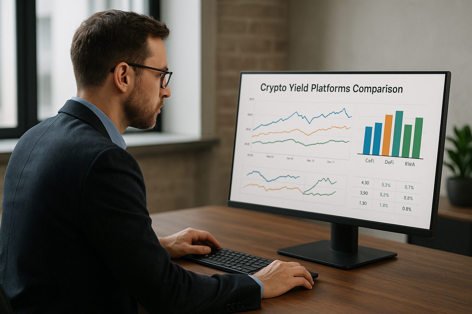 Investor analyzing crypto yield platform comparison chart with CeFi, DeFi, and RWA options