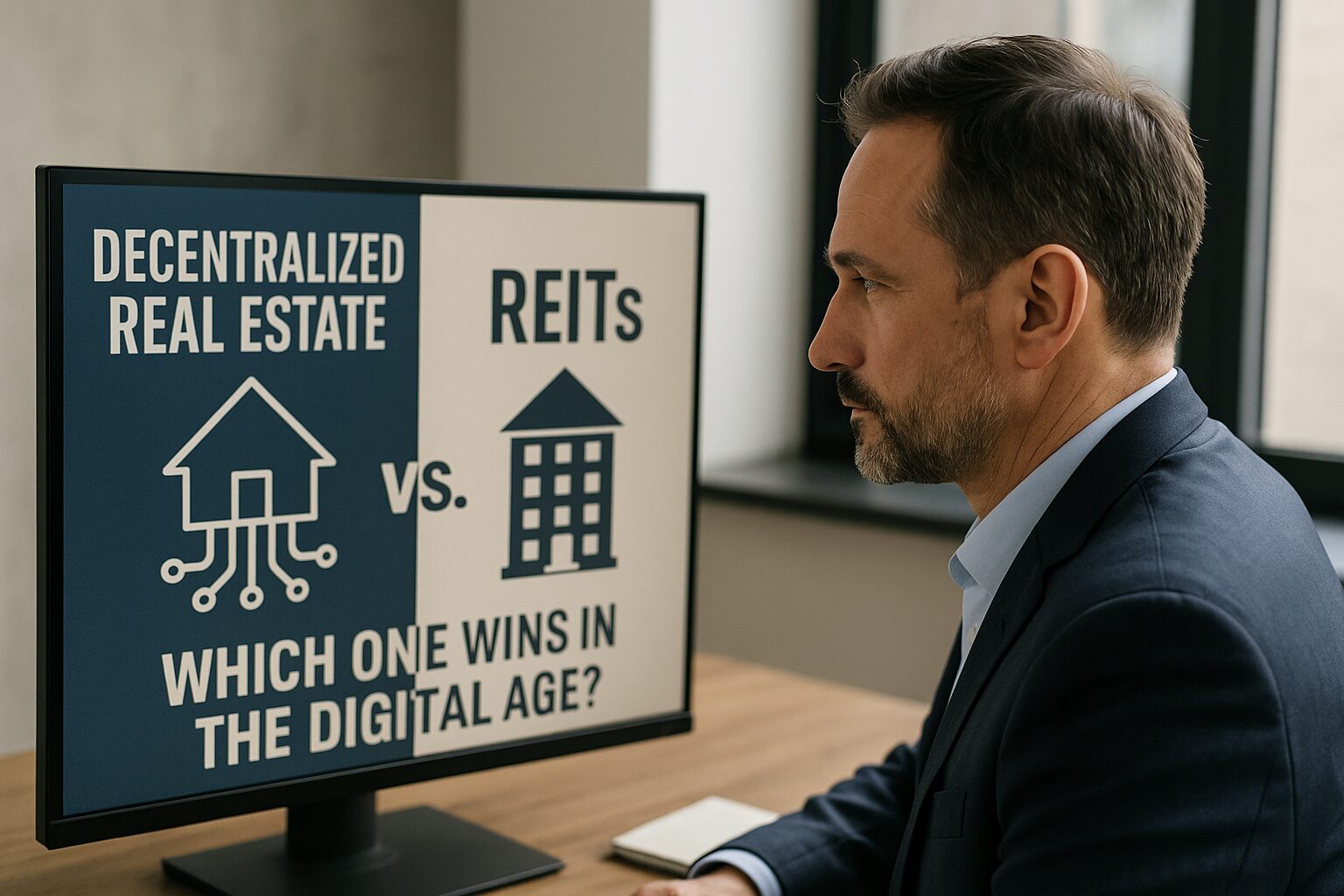 Investor reviewing screen comparing decentralized real estate to REITs in modern office