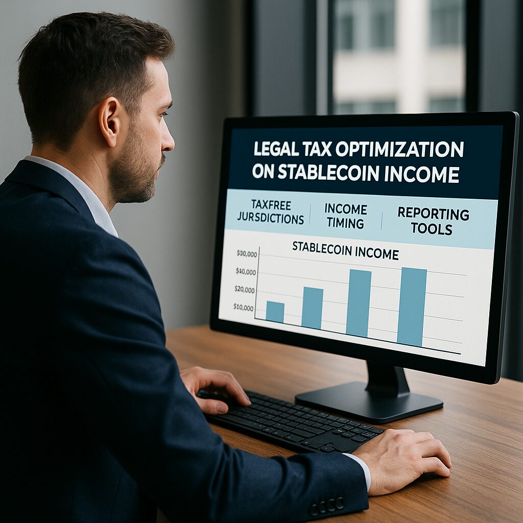 Investor reviewing stablecoin tax optimization strategies on computer screen with bar chart and legal tools