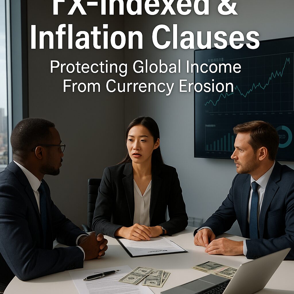 International professionals reviewing contracts with currency exchange charts and inflation data in a modern office setting