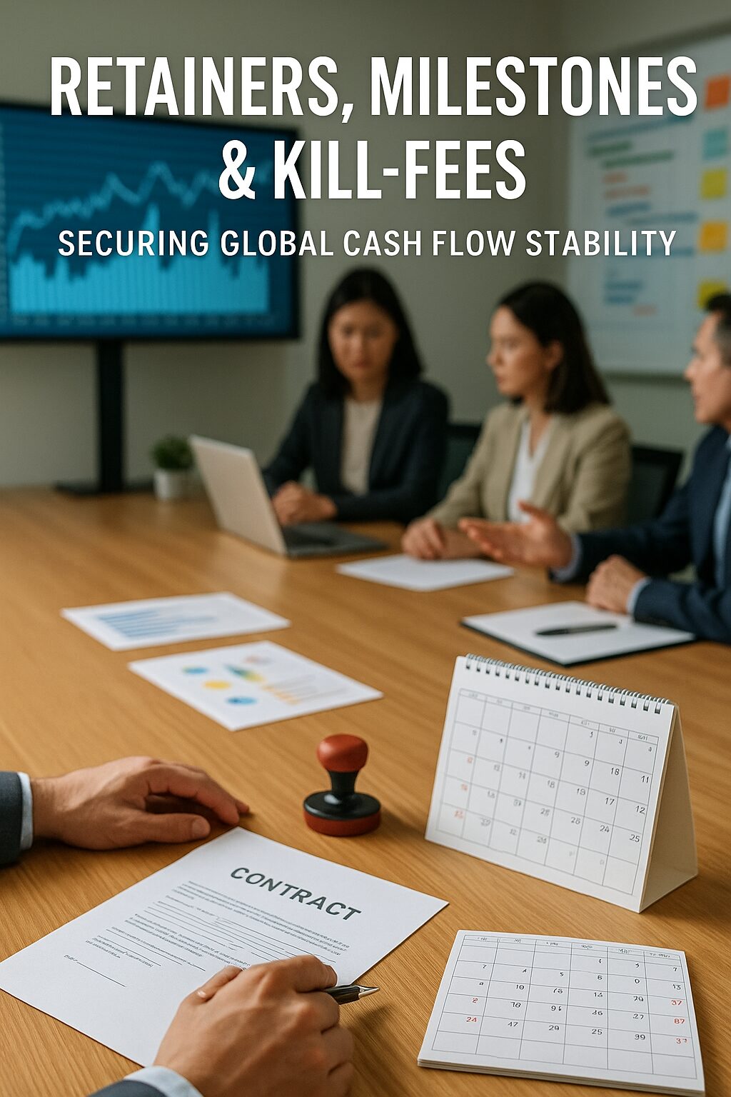 International professionals reviewing contracts with retainers, milestone schedules, and termination clauses in a modern office