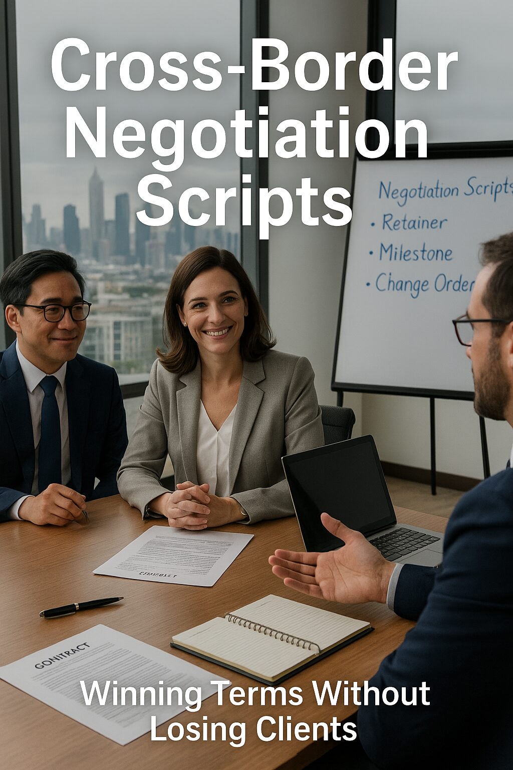 International business professionals negotiating contract terms with documents and strategy notes in a modern office