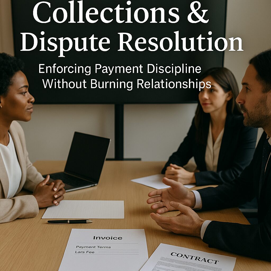 International business professionals reviewing late-fee and dispute resolution clauses in a contract during a negotiation meeting