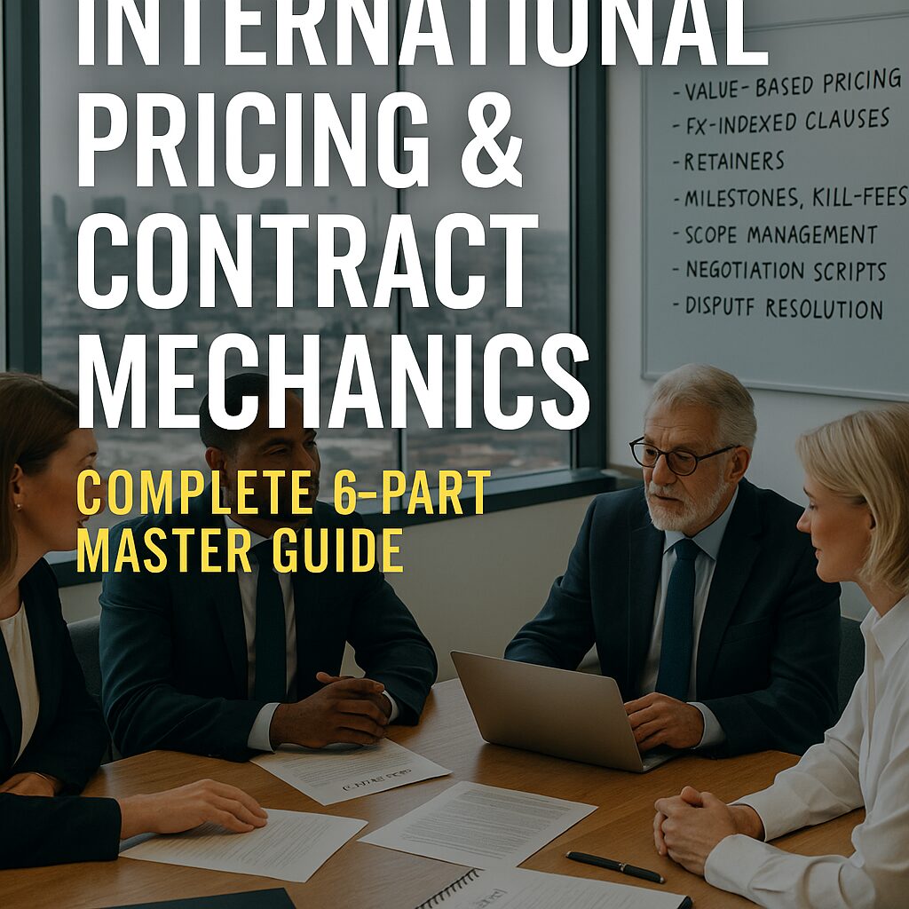 Business professionals discussing international contract strategies with documents and negotiation notes in a modern office