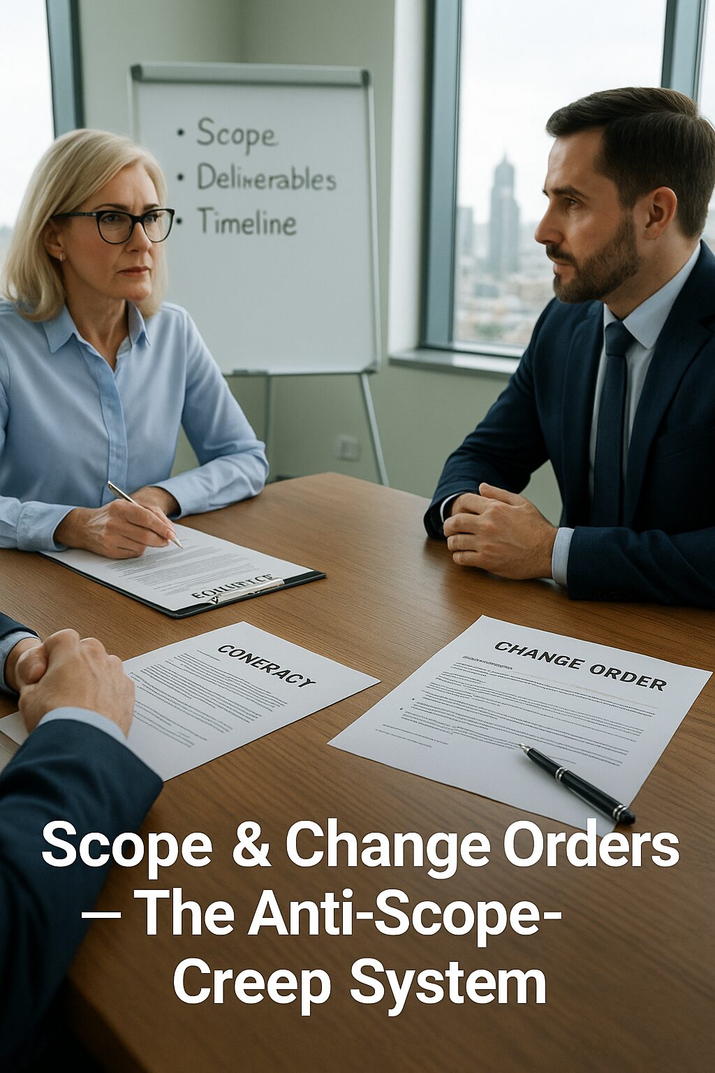 Business professionals reviewing a contract change order with scope and deliverables clearly listed in a modern office setting