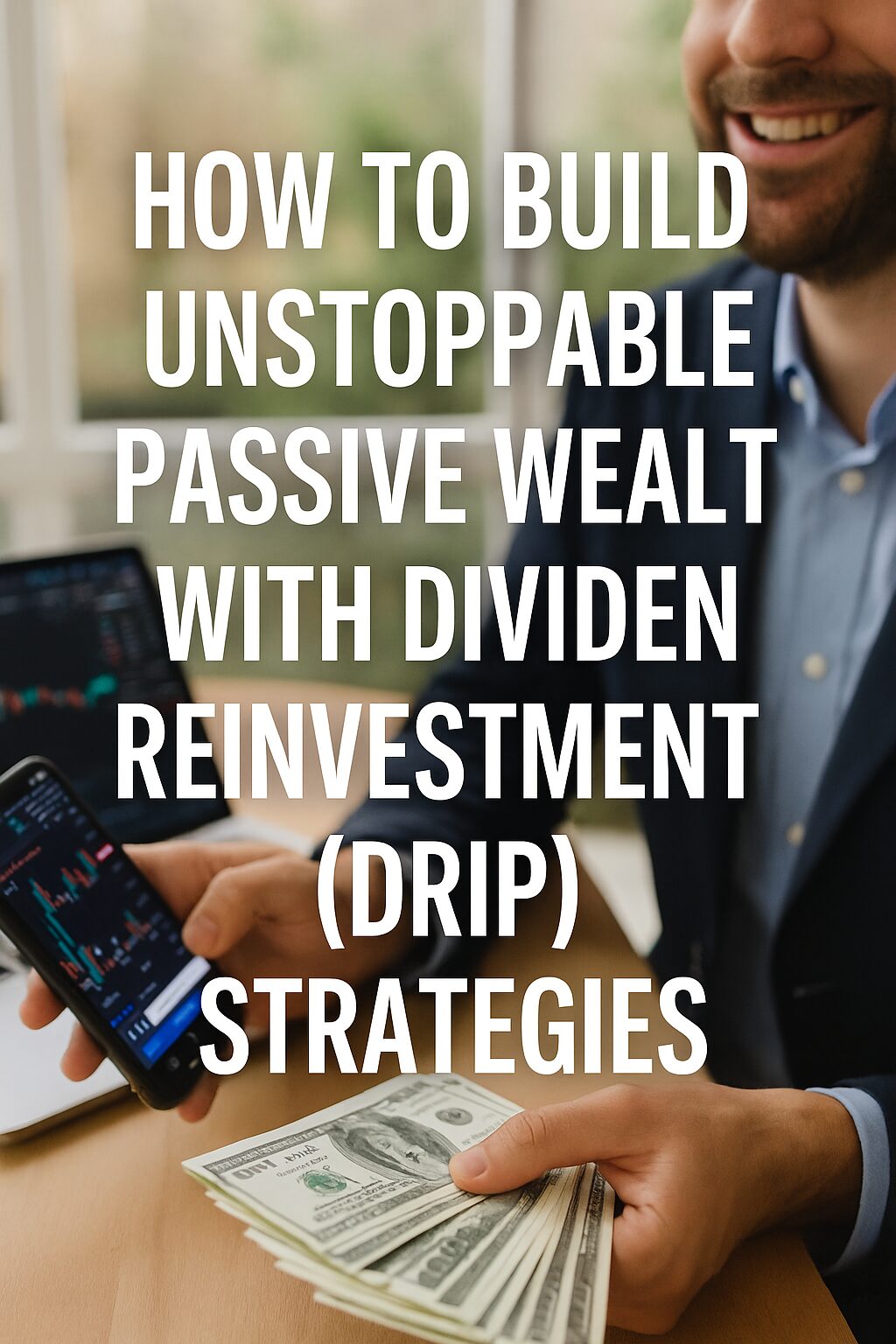 A financial advisor holding a smartphone with stock charts and a stack of U.S. dollars, symbolizing dividend reinvestment strategies for passive income