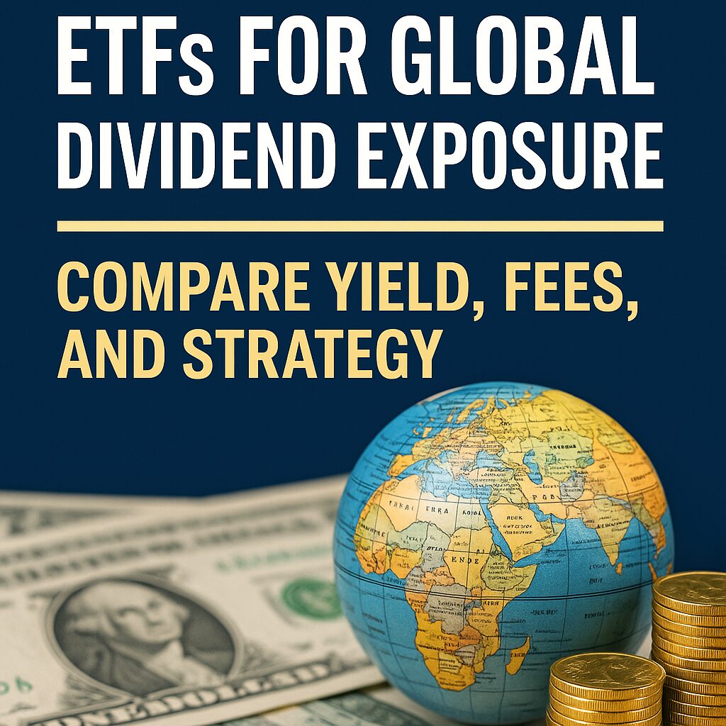Globe with U.S. dollar bills and gold coins, highlighting ETFs for global dividend exposure and comparison of yield, fees, and strategy