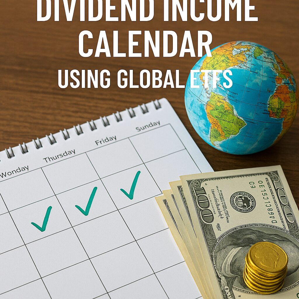 A real desk calendar with check marks, a globe showing the Americas, U.S. dollar bills, and gold coins on a wooden table—symbolizing global ETF-based monthly dividend income.