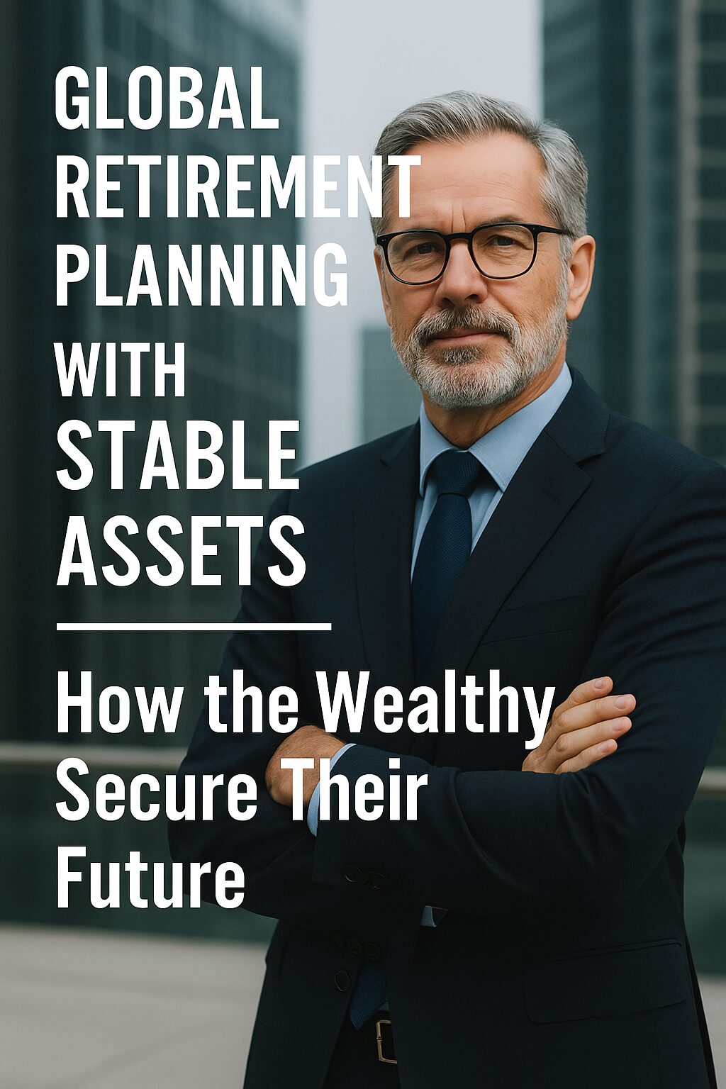 A professional image symbolizing global retirement planning with stable financial assets such as bonds, dividend stocks, and REITs.