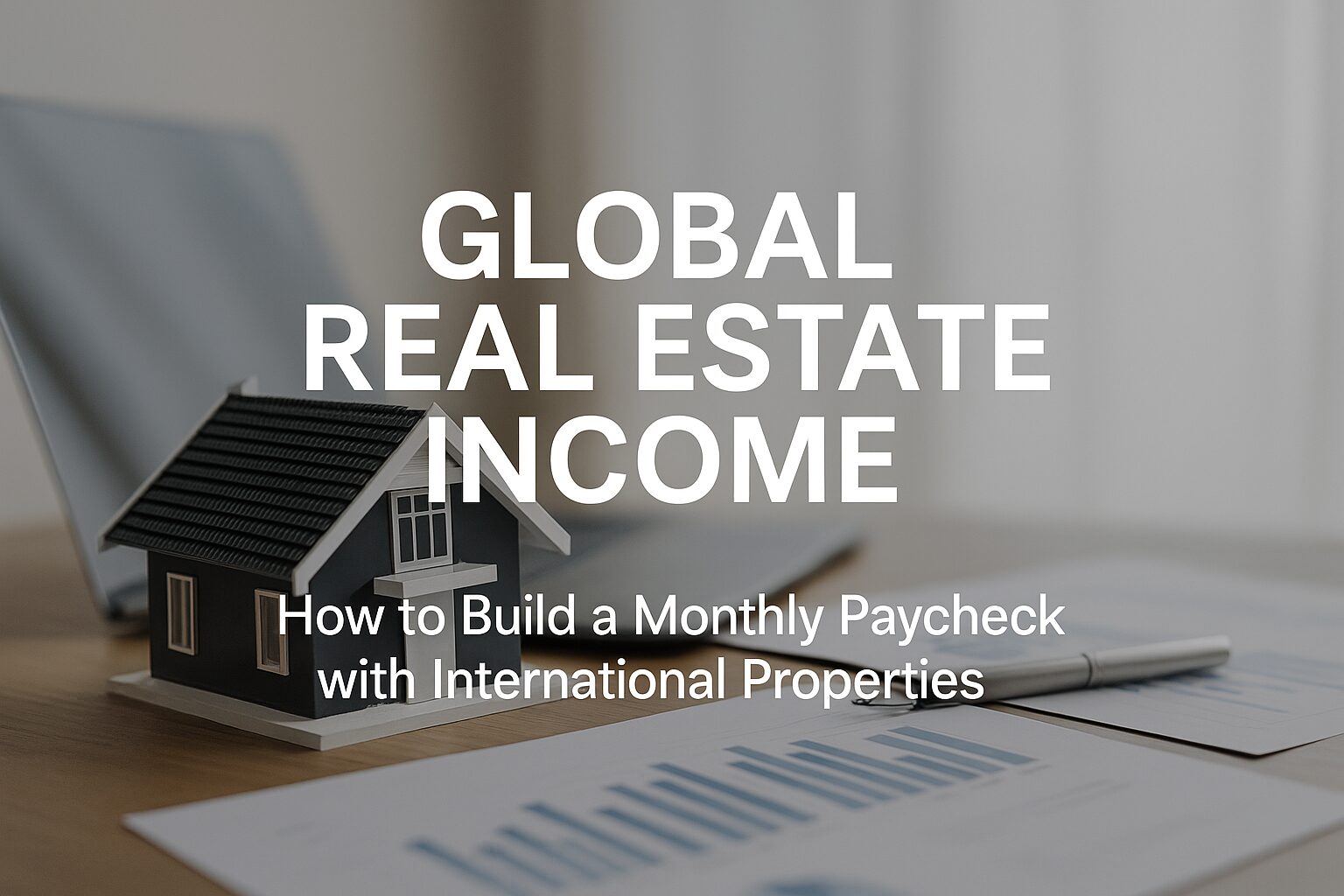 A mid-shot of a professional investor analyzing global property data on a laptop in a modern office setting, symbolizing international real estate income opportunities