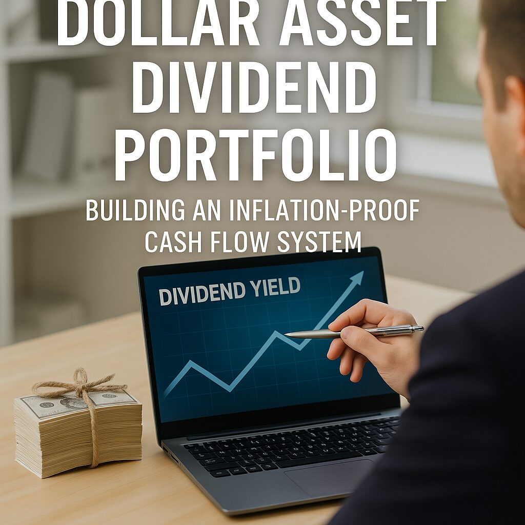 A realistic photo of an investor reviewing a diversified dollar asset dividend portfolio with graphs and charts.