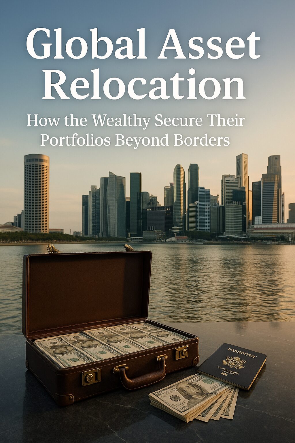 Luxury leather briefcase filled with US dollar bills and a black passport on a marble surface, with Singapore skyline at sunset in the background, representing global asset relocation.