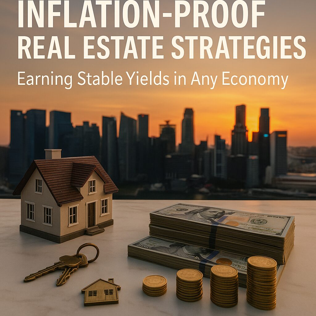 Model house, gold coins, and stacks of US dollar bills on a marble surface with city skyline at sunset, symbolizing stable real estate returns during inflation.