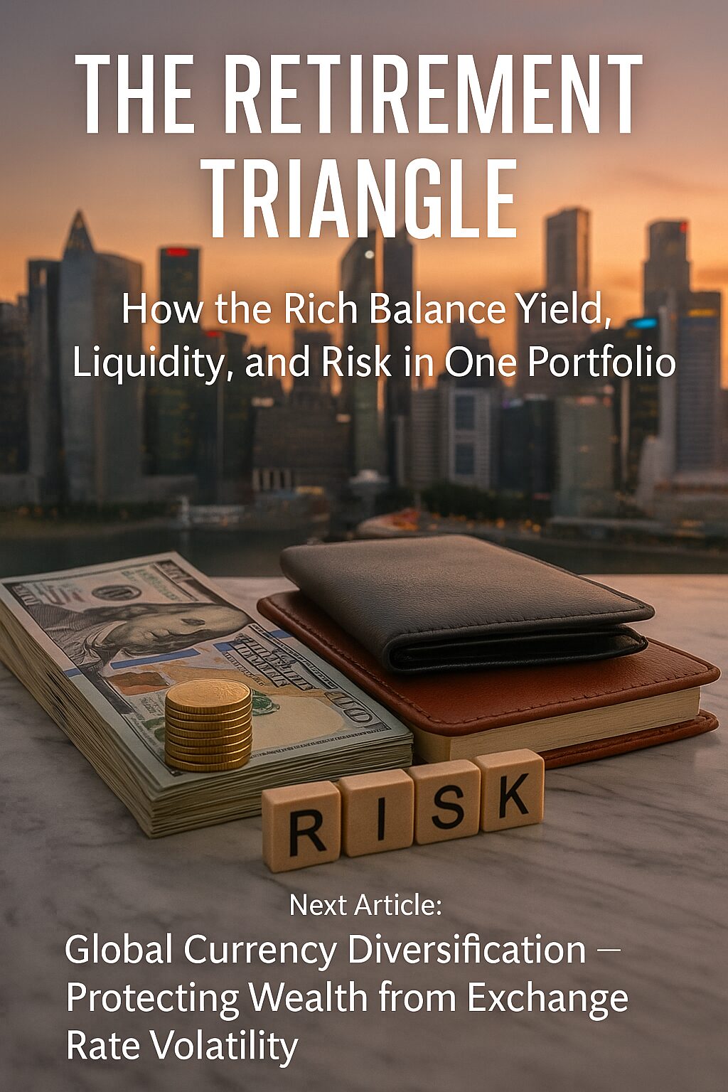 Stack of US dollar bills, gold coins, and Scrabble tiles spelling "RISK" placed beside leather notebooks, with a city skyline at sunset in the background, representing balanced retirement strategies.