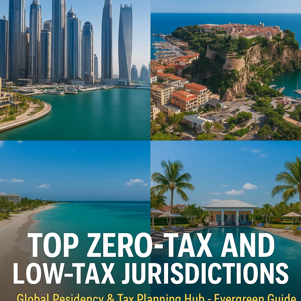 Real-life photo of international financial hubs with overlaid text “Top Zero-Tax and Low-Tax Jurisdictions — Global Residency & Tax Planning Hub — Evergreen Guide”