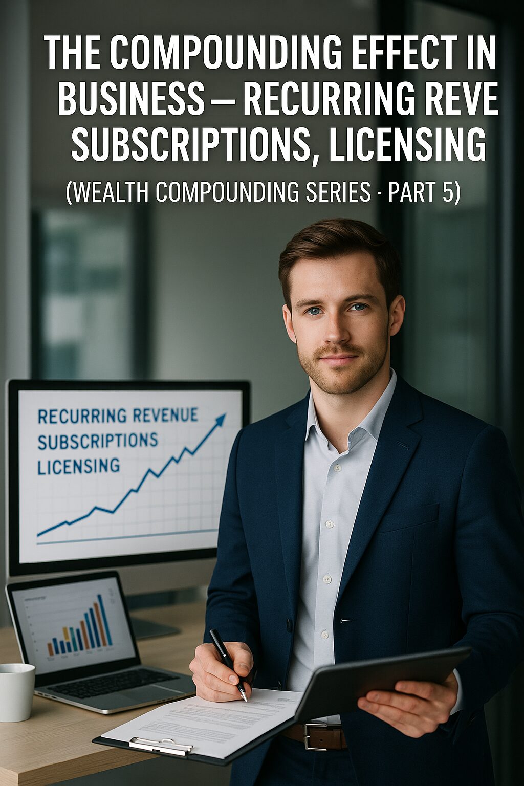 Businessman in a modern office reviewing subscription and licensing growth charts, representing recurring revenue compounding strategies.