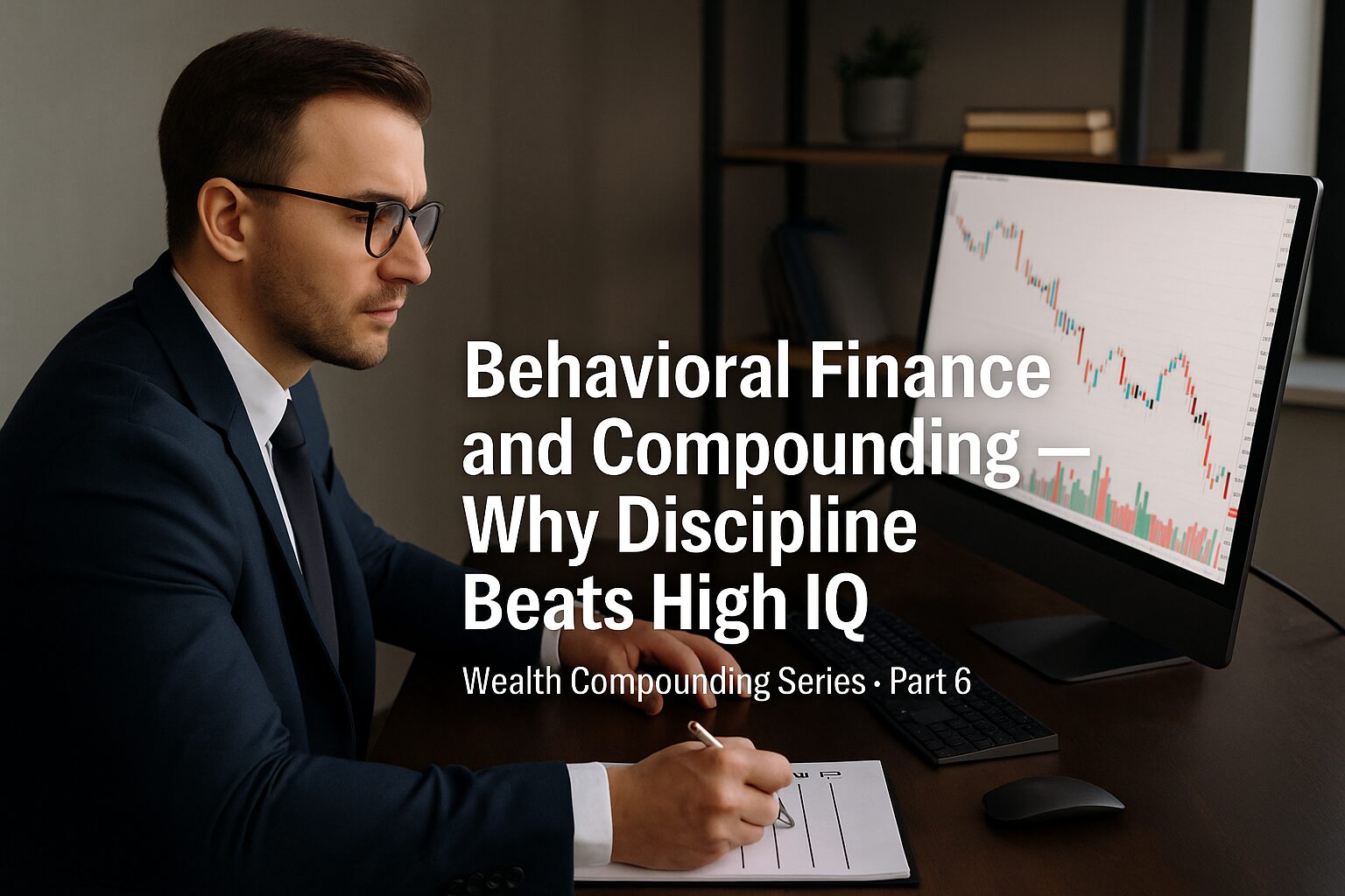 Focused businessman in a modern office analyzing financial charts, symbolizing behavioral finance and disciplined compounding.