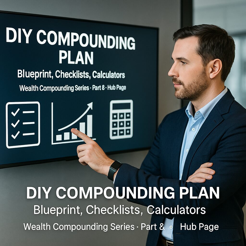 Business professional presenting a DIY compounding plan with blueprint, checklist, and calculator icons on a digital display.