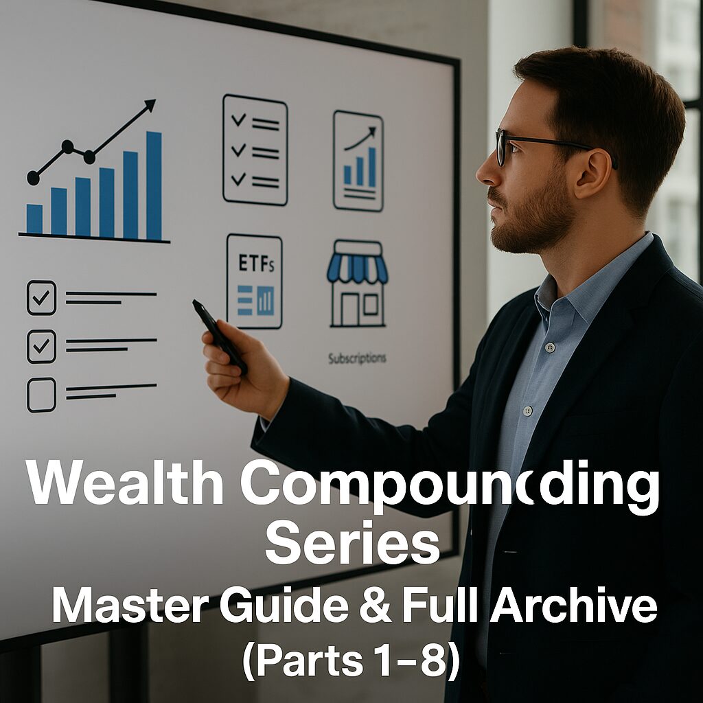 Western business professional reviewing financial growth blueprints and checklists on a digital display, symbolizing a master hub for compounding wealth.