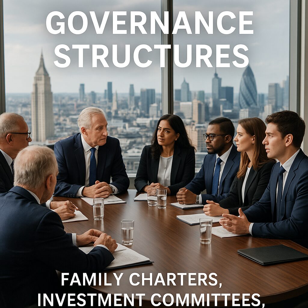 Family office governance meeting with professionals and family members around a boardroom table overlooking a global city skyline