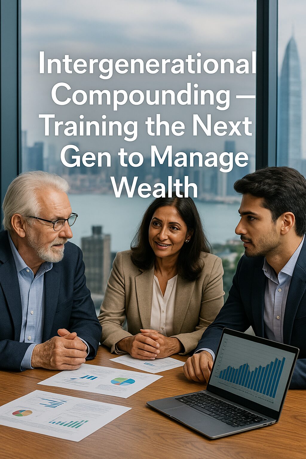 Three generations of a family discussing financial charts in a boardroom with a global city skyline in the background