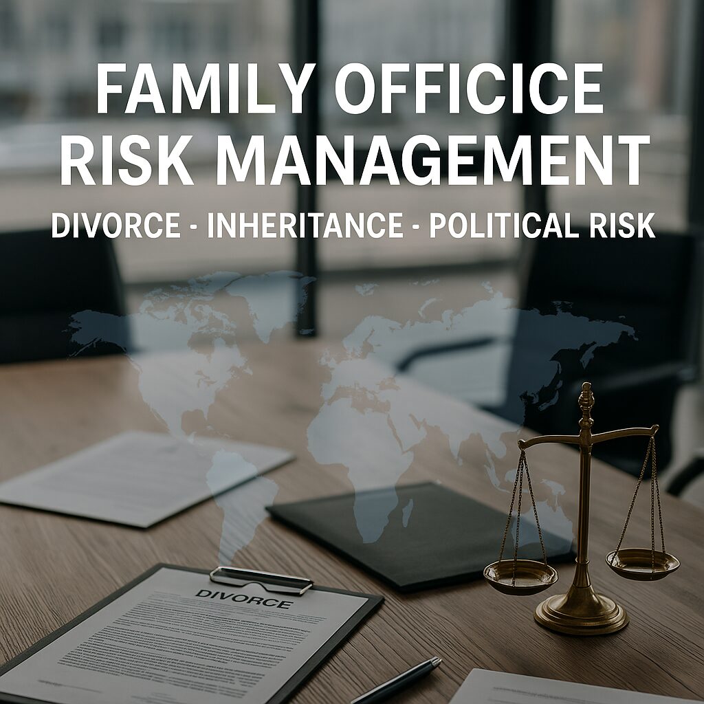 Family office boardroom with legal contracts, divorce papers, and justice scale over a world map — symbolizing global risk management for wealth.