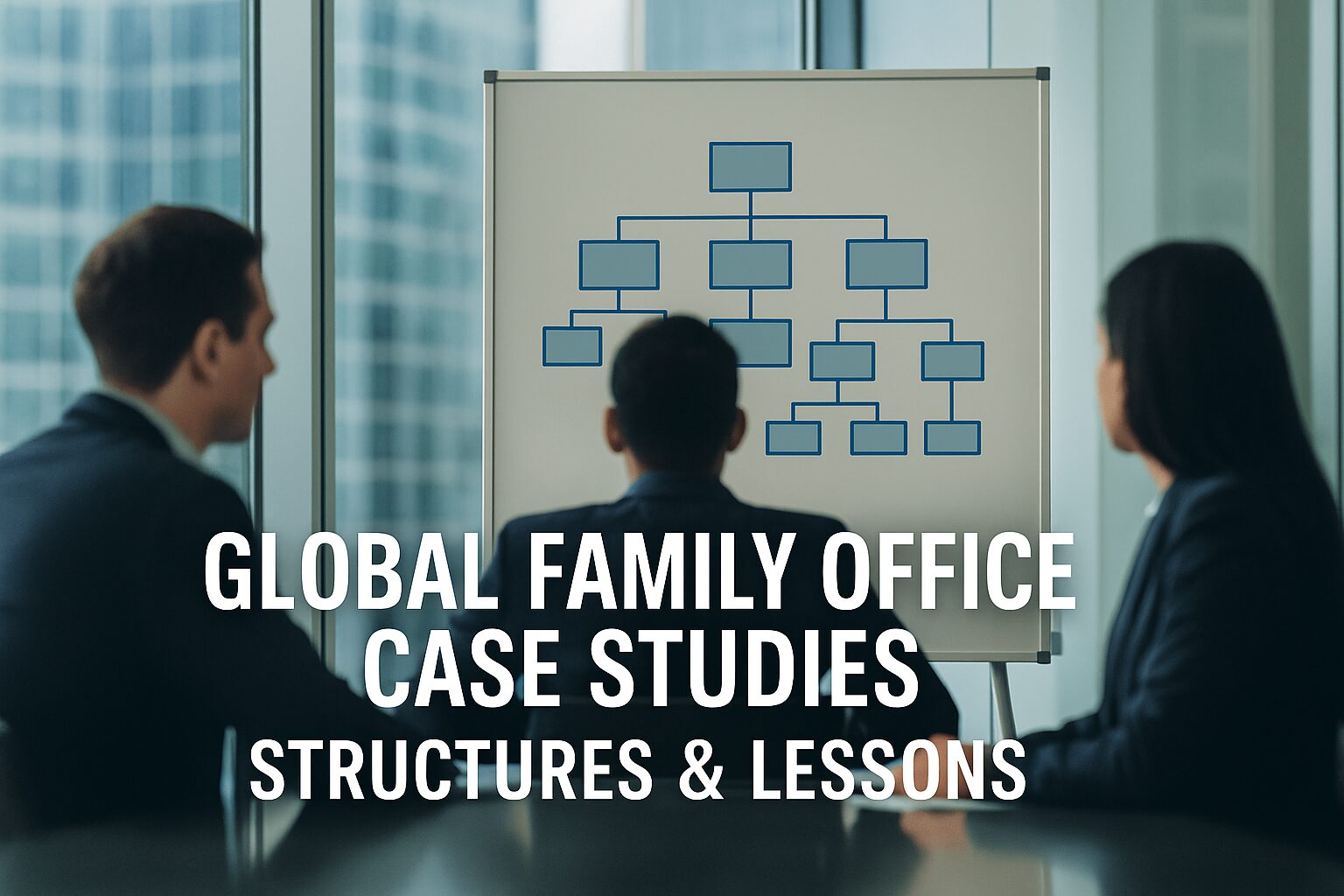 Three executives in a modern glass-walled office reviewing an organizational chart on a whiteboard, symbolizing how billionaire families structure their family offices.